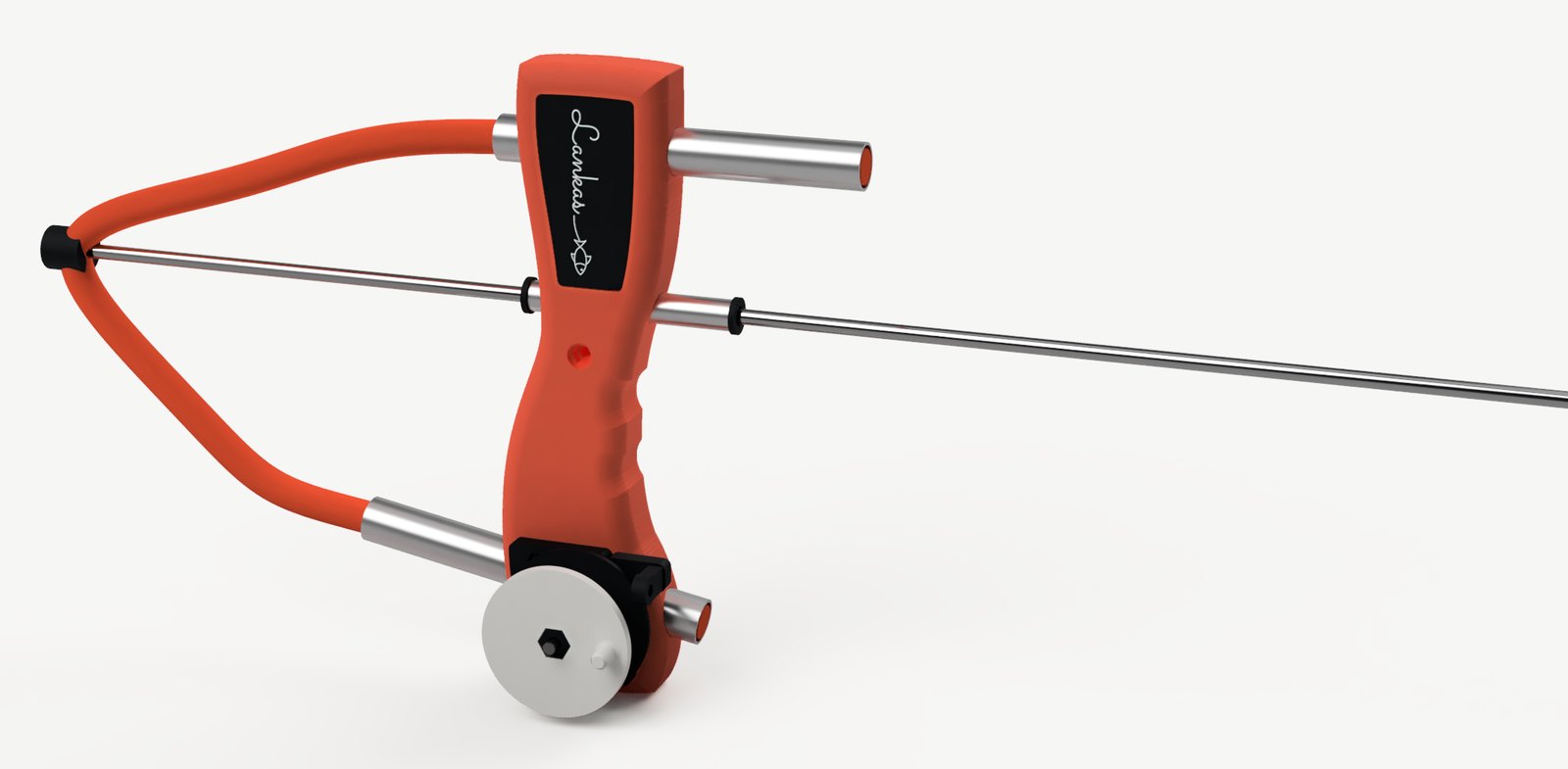The Lankas spear sling: coral grip with the Lankas logo on a black shield, brushed aluminium tubes, coral latex band in a U behind the grip, an integrated reel under the grip and a shaft through the guide.